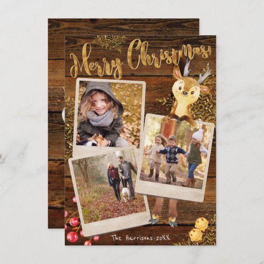 3枚の素朴写真コラージュのクリパーソナライズされたスマス シーズンカード (正面/裏面)