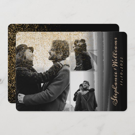 3枚の金ゴールドグリッターブラックウォーター結婚カラー 招待状 (正面/裏面)