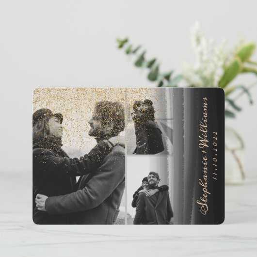 3枚の金ゴールドグリッターブラックウォーター結婚カラー 招待状 (スタンド正面)