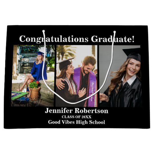 3枚カスタムの写真のコラージュ名の卒業クラス ラージペーパーバッグ (正面)