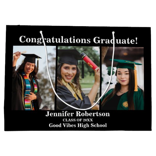 3枚カスタムの写真のコラージュ名の卒業クラス ラージペーパーバッグ (裏面)