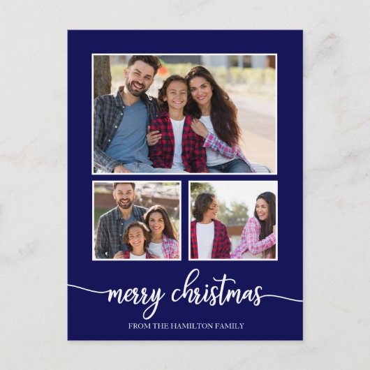 3枚コラージュかわいいスクリプトメリークリスマスブルー ポストカード (正面)