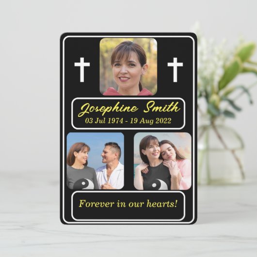 3枚パーソナライズされたの写真葬儀招待状 シーズンカード (スタンド正面)