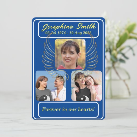 3枚パーソナライズされた写真葬儀記念招待状 シーズンカード (スタンド正面)