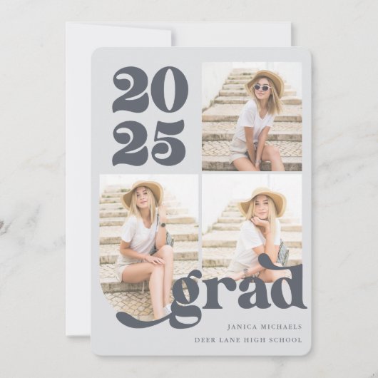 3枚フォトレトロ式ブルー卒業パーティー 招待状 (正面)