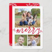 3枚メリーの写真を撮る雪片の赤いクリスマス シーズンカード (正面/裏面)