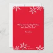 3枚メリーの写真を撮る雪片の赤いクリスマス シーズンカード (裏面)