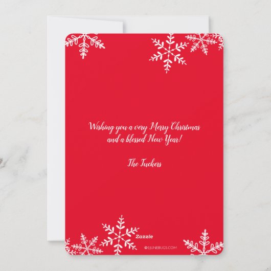 3枚メリーの写真を撮る雪片の赤いクリスマス シーズンカード (裏面)