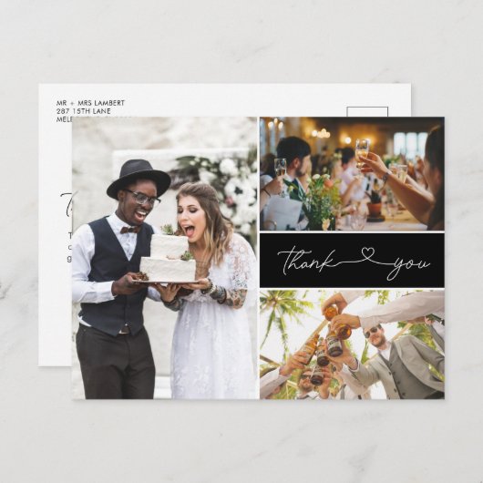 3枚モダンのフォトスクリプト結婚の感謝 インビテーションポストカード (正面/裏面)