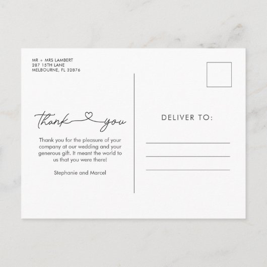 3枚モダンのフォトスクリプト結婚の感謝 インビテーションポストカード (裏面)