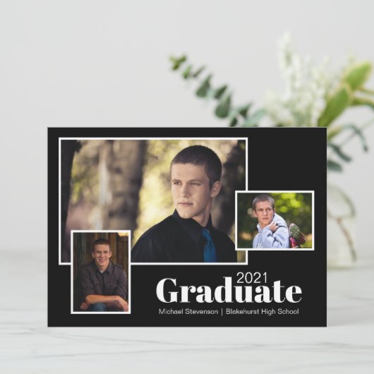 3枚モダンのフォトブラック卒業パーティー 招待状 (スタンド正面)