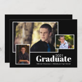 3枚モダンのフォトブラック卒業パーティー 招待状 (正面/裏面)
