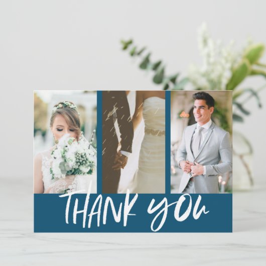 3枚モダンのフォトブルーが結婚ありがとう サンキューカード (スタンド正面)
