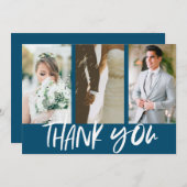 3枚モダンのフォトブルーが結婚ありがとう サンキューカード (正面/裏面)