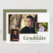 3枚モダンのフォトホワイトグリーン卒業パーティー 招待状 (正面/裏面)