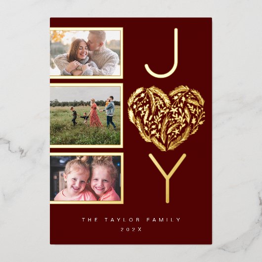 3枚モダンのフォトレッド喜び喜びクリスマスハート 箔シーズンカード (正面)