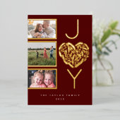 3枚モダンのフォトレッド喜び喜びクリスマスハート 箔シーズンカード (立ち正面)