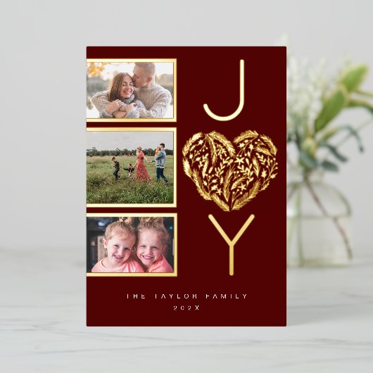 3枚モダンのフォトレッド喜び喜びクリスマスハート 箔シーズンカード (立ち正面)