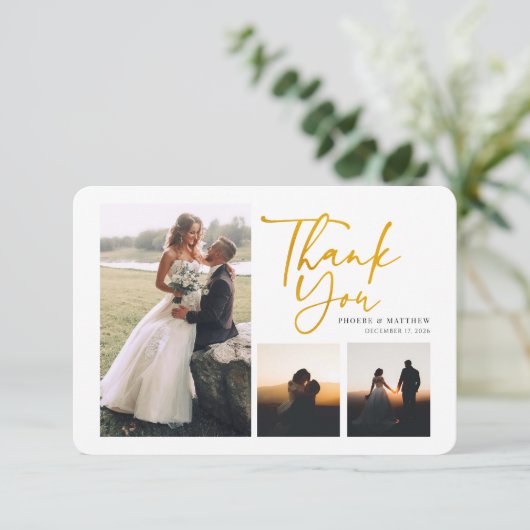 3枚モダンの写真が手書き結婚の サンキューカード (スタンド正面)