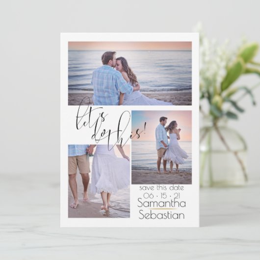 3枚モダンの写真で日付を保存 招待状 (スタンド正面)