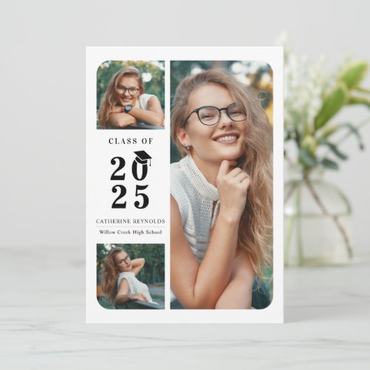 3枚モダンの写真の卒業発表 招待状 (スタンド正面)