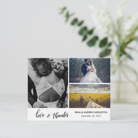 3枚モダンの写真を台本に結婚感謝 ポストカード (スタンド正面)