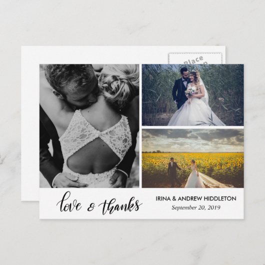3枚モダンの写真を台本に結婚感謝 ポストカード (正面/裏面)