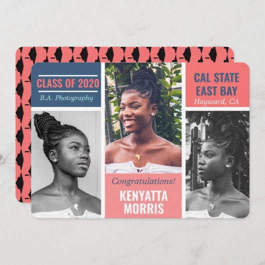 3枚モダンの写真サンゴ|ティール（緑がかった色）|青の卒業 案内状 (正面/裏面)