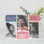 3枚モダンの写真サンゴ|ティール（緑がかった色）|青の卒業 案内状 (スタンド正面)