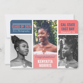 3枚モダンの写真サンゴ|ティール（緑がかった色）|青の卒業 案内状