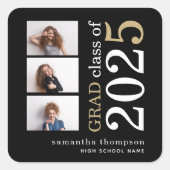 3枚モダンの写真ホワイト金ゴールド文字2023卒業 スクエアシール (正面)