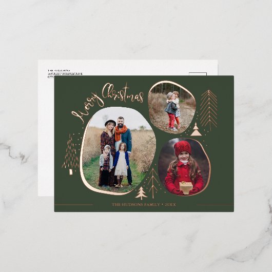 3枚モダンの写真メリークリスマス 箔シーズンポストカード (正面/裏面)