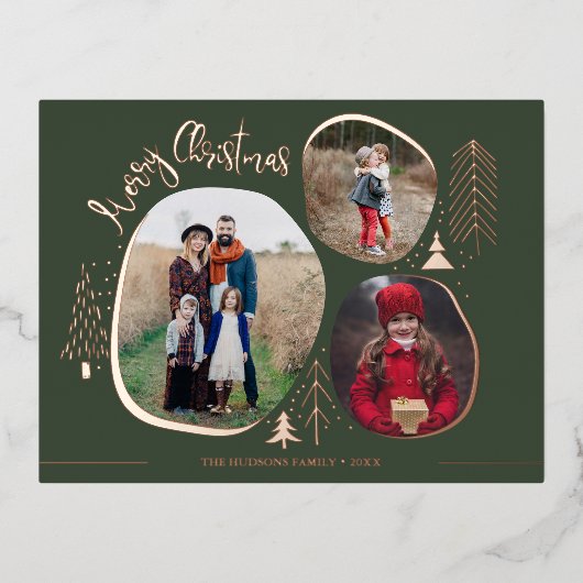 3枚モダンの写真メリークリスマス 箔シーズンポストカード (正面)