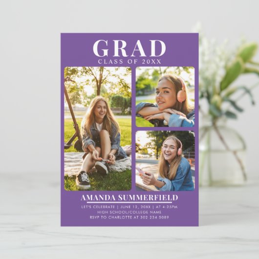 3枚モダンの卒業写真紫色の卒業式パーティー 招待状 (スタンド正面)