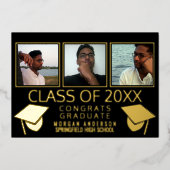 3枚モダン写真卒業キャップブラックと金ゴールド 箔招待状 (正面)