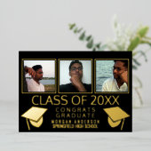 3枚モダン写真卒業キャップブラックと金ゴールド 箔招待状 (立ち正面)