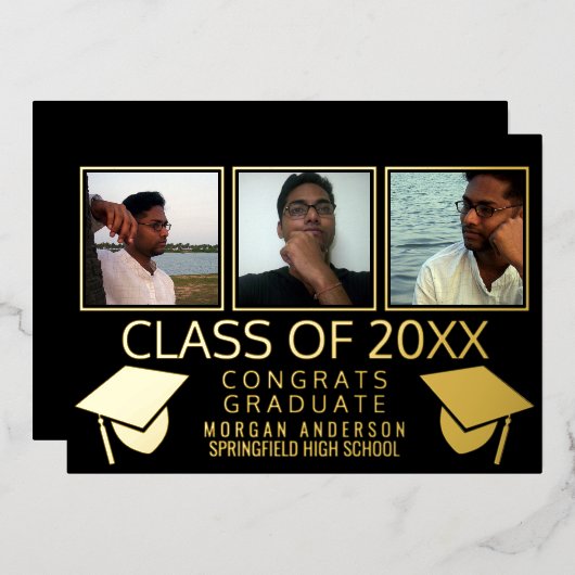 3枚モダン写真卒業キャップブラックと金ゴールド 箔招待状 (正面/裏面)