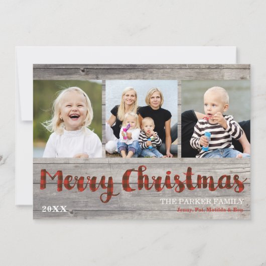 3枚素朴のフォトクリスマスウッドと格子縞フラットカード シーズンカード (正面)