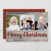 3枚素朴のフォトクリスマスウッドと格子縞フラットカード シーズンカード (正面/裏面)