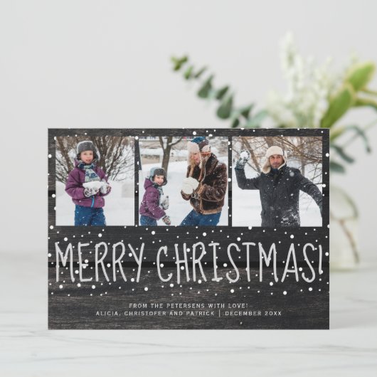 3枚素朴のフォトコラージュ木雪メリークリスマス シーズンカード (スタンド正面)