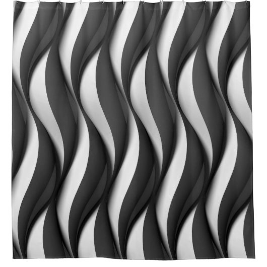 3次元の波型の白黒パターン シャワーカーテン (正面)