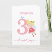 3歳お洒落の誕生日フェアリー、女の子かわいいピンク カード (正面)