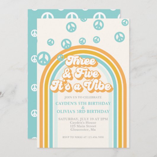 3歳と5歳の誕生日はレトロな雰囲気のバイブを感じるパーティ 招待状 (正面/裏面)