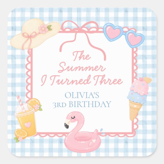 3歳になった夏 海辺の3歳の誕生日 スクエアシール (正面)