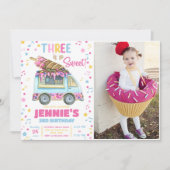 3歳のとってもスイートな女の子のアイスクリームパーティーお誕生日おめでとう 招待状 (正面)