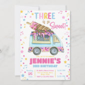 3歳のとってもスイートな女の子のアイスクリームパーティーお誕生日会 招待状 (正面)