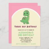 3歳のレックスの誕生日を招待する女の子の恐竜3rd 招待状 (正面/裏面)