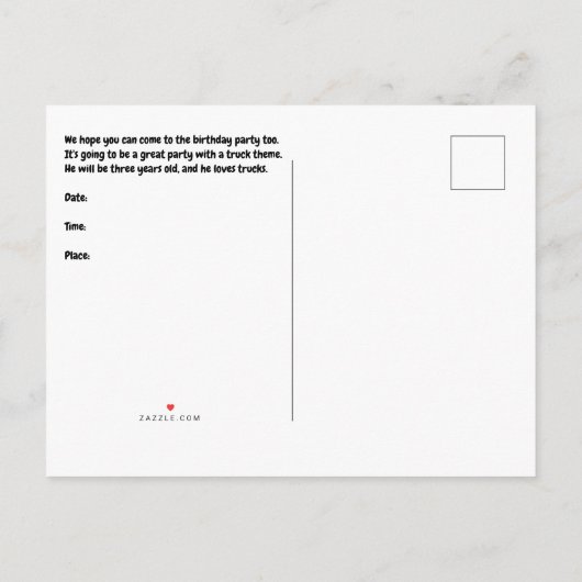 3歳の少年のための誕生日パーティーの招待 インビテーションポストカード (裏面)