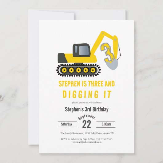 3歳の建設的なお祝い 招待状 (正面)