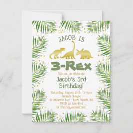 3歳の恐竜の男の子の誕生日パーティー 熱帯の緑 招待状